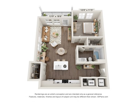 Floor plan for 1 bed, 1 bath, 744 sqft